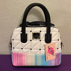 New  Betsy Johnson Satchel Crossbody Purse White Quilted Top with Rainbow Bottom